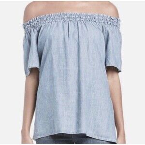 Michael Stars Linen Off Shoulder Denim Top Women Medium Lite Blue Stylish Artist